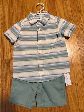 Eddie Bauer Striped Short-Sleeve Button Shirt in Blue, Green & Cream